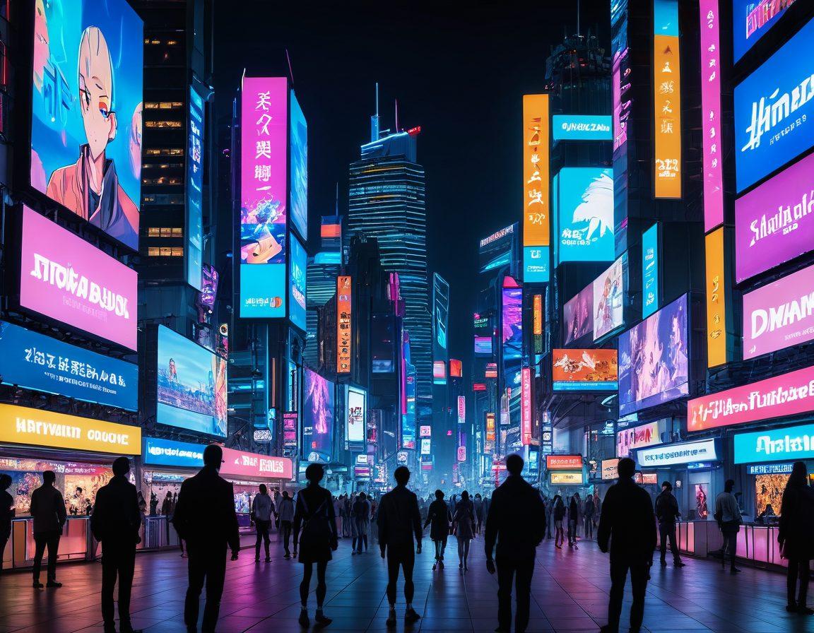 A futuristic city skyline at dusk, featuring colorful neon lights and digital billboards displaying anime-inspired characters, intertwined with elements of virtual reality. In the foreground, a diverse group of people engaging with holographic displays showcasing various genres of adult animated content, symbolizing change and evolution in entertainment. The atmosphere is vibrant and inviting, blending traditional and modern anime styles. cyberpunk. vibrant colors. dynamic lighting.